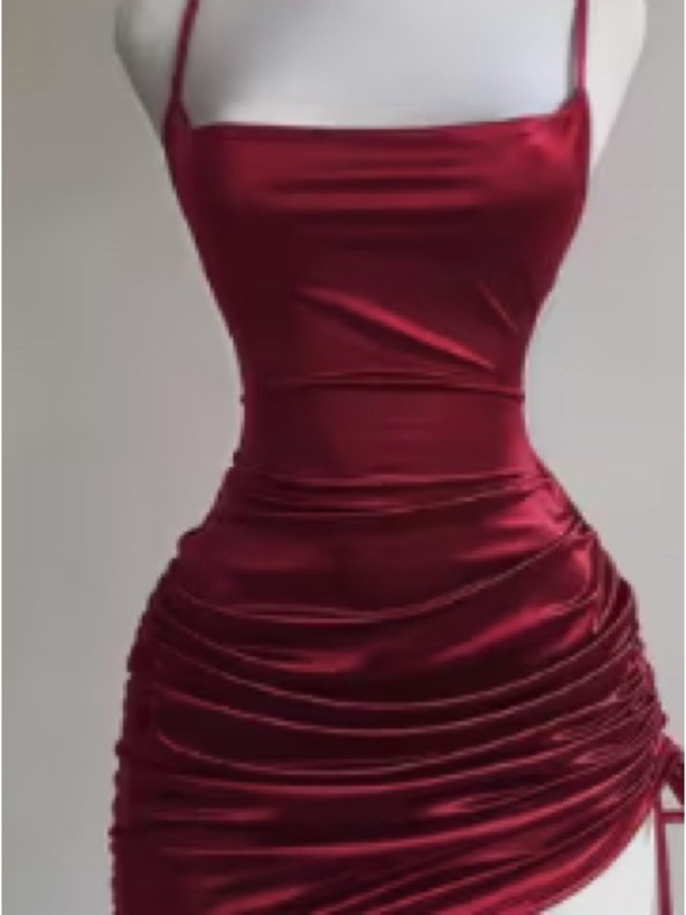Satin Spaghetti-Strap Ruched Mini Dress in Deep Red